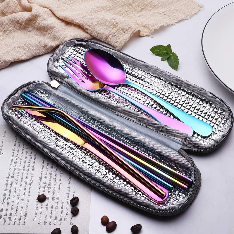 Topbooc Portable Stainless Steel Flatware Set  Travel Camping Cutlery Set  Portable Utensil Travel Silverware Dinnerware Set with a Waterproof Case (Rainbow) - Image 2
